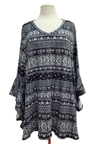 55 PQ {That's How You Know} Black Print Cascading Sleeve Top EXTENDED PLUS SIZE 4X 5X 6X