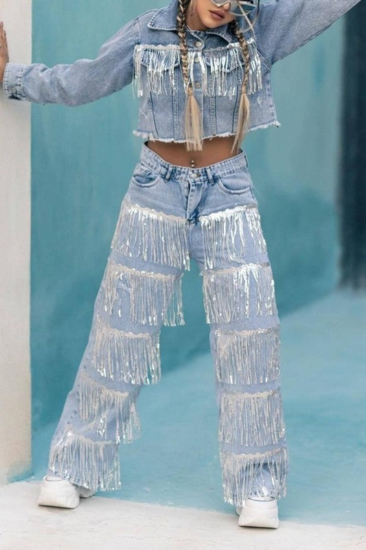 BT {Fabulous} Light Blue Denim Jeans With Sequin Fringe PLUS SIZE XL