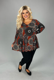 1-25 PLS {Cutest Catch} Rust Mandala Print V-Neck Top PLUS SIZE XL 2X 3X