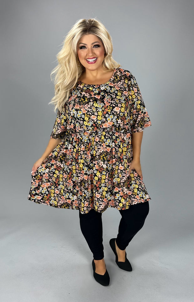 34 PSS {Garden Charm} Black/Yellow Floral Babydoll Top EXTENDED  PLUS SIZE  4X 5X 6X