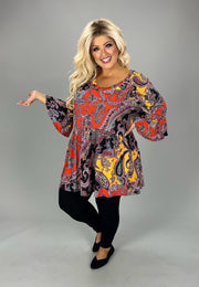 SALE!! 1-72 PSS {Doing My Best} Red/Mustard Paisley Babydoll Top EXTENDED PLUS SIZE 3X 4X 5X