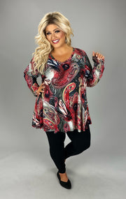 1-26 PLS {Dressing The Part} Red/Black Peacock Feather Top PLUS SIZE XL 2X 3X