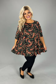 1-26 PSS {Lifelong Love} Black/Rust Paisley Print Top EXTENDED PLUS SIZE 4X 5X 6X EXTENDED PLUS SIZE 4X 5X 6X