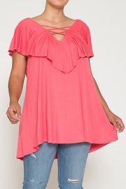 20 SSS {Hold Back Time} Coral Double Cross Neck Top CURVY BRAND PLUS SIZE 1X 2X 3X