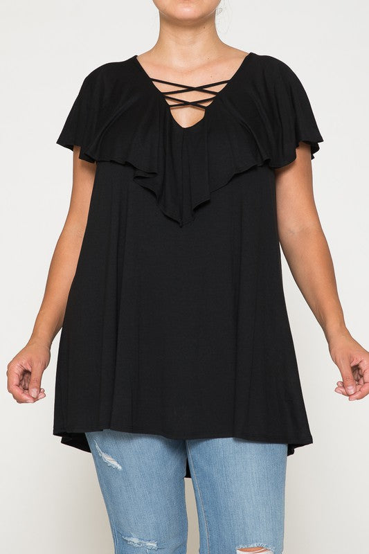 36 SSS {Hold Back Time} Black Double Cross Neck Top CURVY BRAND PLUS SIZE 1X 2X 3X