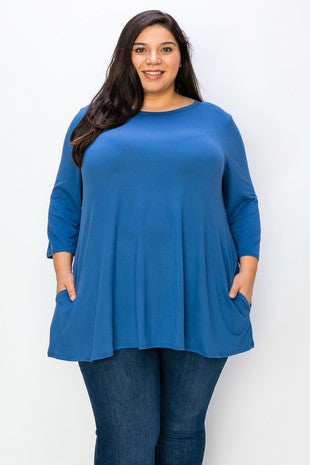 38 SQ {One More Shot} Blue Quarter Sleeve Round Hem Top EXTENDED PLUS SIZE 3X 4X 5X