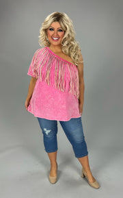 SALE!! 87 OS-A {Honey Punch}  Washed Fuchsia Double Fringed Top PLUS SIZE 1X 2X 3X