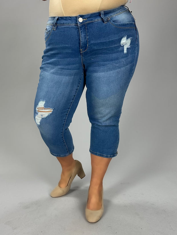 LEG-I {Royalty For Me} Med. Blue Ripped Capri Jeans  EXTENDED PLUS SIZE 14 16 18 20 22 24