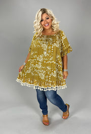 SALE!! 23 OS {Wish You Well} Mustard Off Shoulder Paisley Top w/Fringe PLUS SIZE 1X 2X 3X