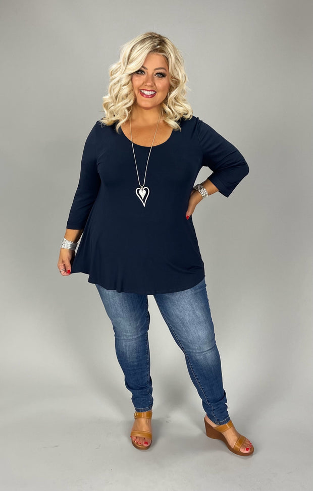 70 SQ {Be Happy With Who You Are} Navy 3/4 Sleeve Top PLUS SIZE 1X 2X 3X