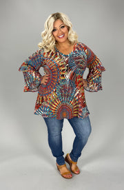 93 PLS-C {No Danger} Rust/Teal Print V-Neck Top PLUS SIZE 1X 2X 3X