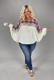 1-60 CP-A {That Dazzling Glow} Ivory/Pink Plaid Top PLUS SIZE 1X 2X 3X