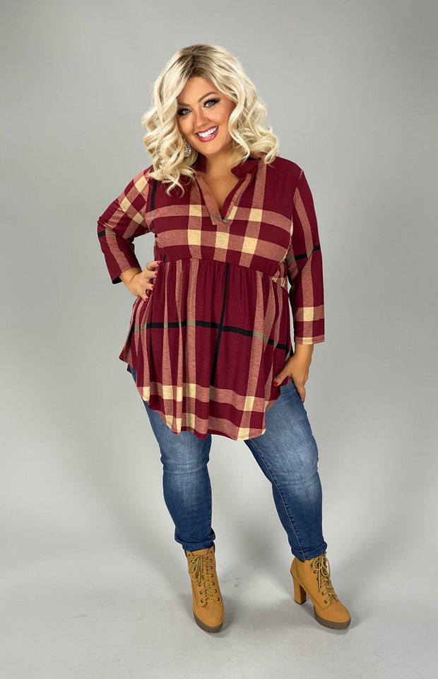 SALE!! 34 PQ {Keep It Stylish} Burgundy/Taupe Plaid Babydoll Top PLUS SIZE 1X 2X 3X