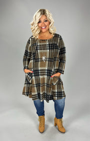 76 PLS-Z {Just That Simple} Taupe Plaid Dress W/Pockets PLUS SIZE 1X 2X 3X