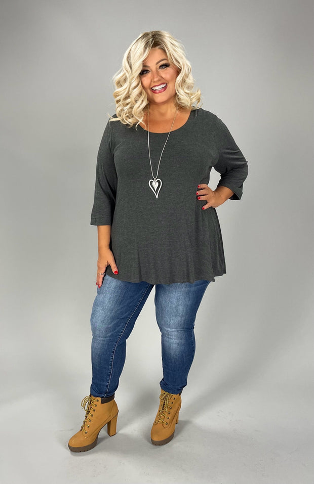 73 SQ {Be Happy With Who You Are} Charcoal 3/4 Sleeve Top PLUS SIZE 1X 2X 3X