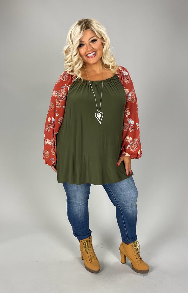 SALE!! 1-28 OS-O {To The Moon And Back} Olive/Paisley Print Top PLUS SIZE 1X 2X 3X