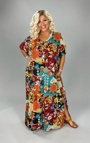 LD-P {Girl Talk} Red Print V-Neck Maxi Dress EXTENDED PLUS SIZE 3X 4X 5X