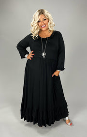 LD-J {Simple Elegance} Black Midi Dress w/Ruffle Trim PLUS SIZE 1X 2X 3X