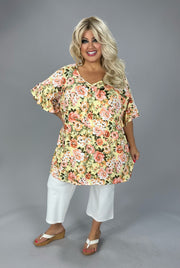 24 PSS {All That Matters} Beige/Coral Floral V-Neck Top EXTENDED PLUS SIZE 4X 5X 6X