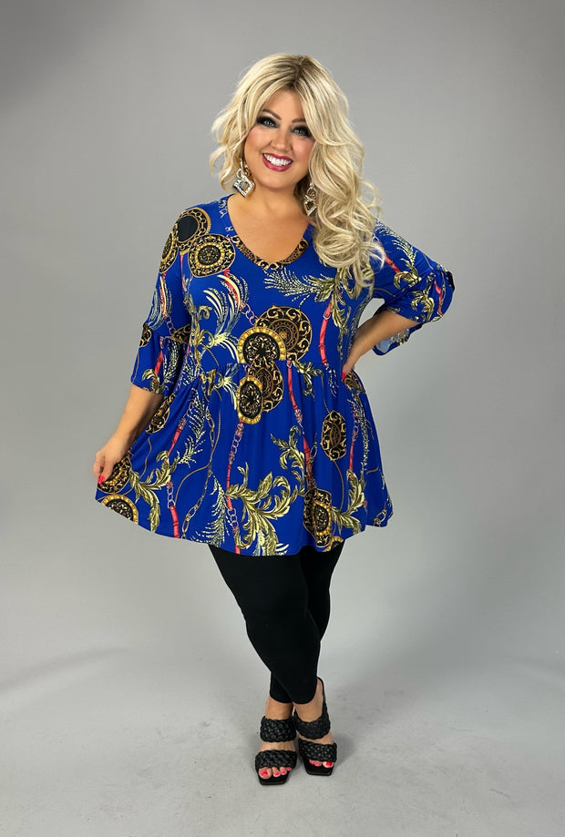 81 PSS {Time Will Tell} Royal Blue/Gold Print Babydoll Tunic EXTENDED PLUS SIZE 3X 4X 5X