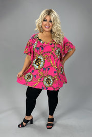 42 PSS {Breaking Chains} Fuchsia/Gold Print V-NeckTop EXTENDED PLUS SIZE 4X 5X 6X