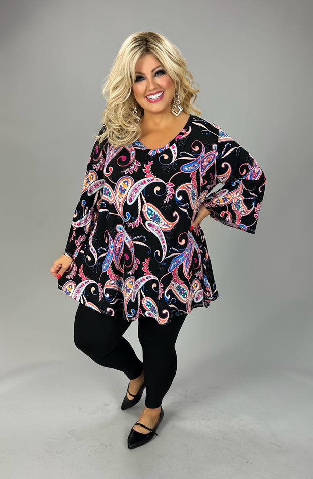 64 PQ {All You Needed}  Black Paisley Print V-Neck Top EXTENDED PLUS SIZE 3X 4X 5X