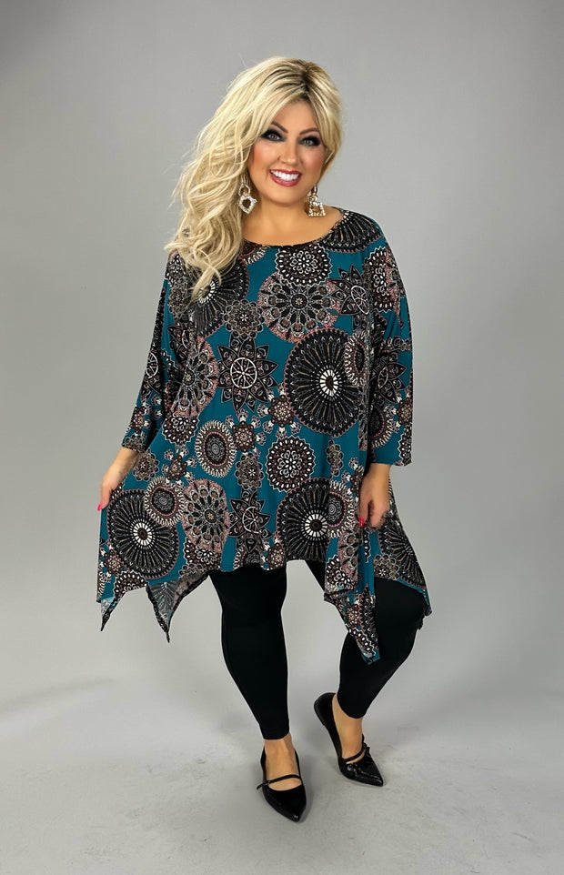 30 PQ {Full Glam} Teal Mandala Print Asymmetrical Top EXTENDED PLUS SIZE 3X 4X 5X (True to Size)