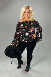 SALE!! 96 OS-A {Make My Heart Race} Black Floral Ruffled Sleeve Top PLUS SIZE XL 2X 3X