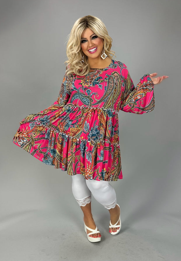 57 PLS {One More Try} Fuchsia Paisley Print Tiered Top EXTENDED PLUS SIZE 3X 4X 5X