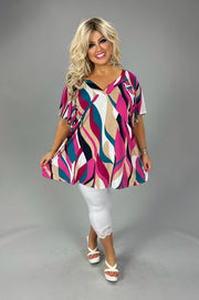 44 PSS {Everyday Smiles} Fuchsia/Teal Print V-Neck Top EXTENDED PLUS SIZE 4X 5X 6X