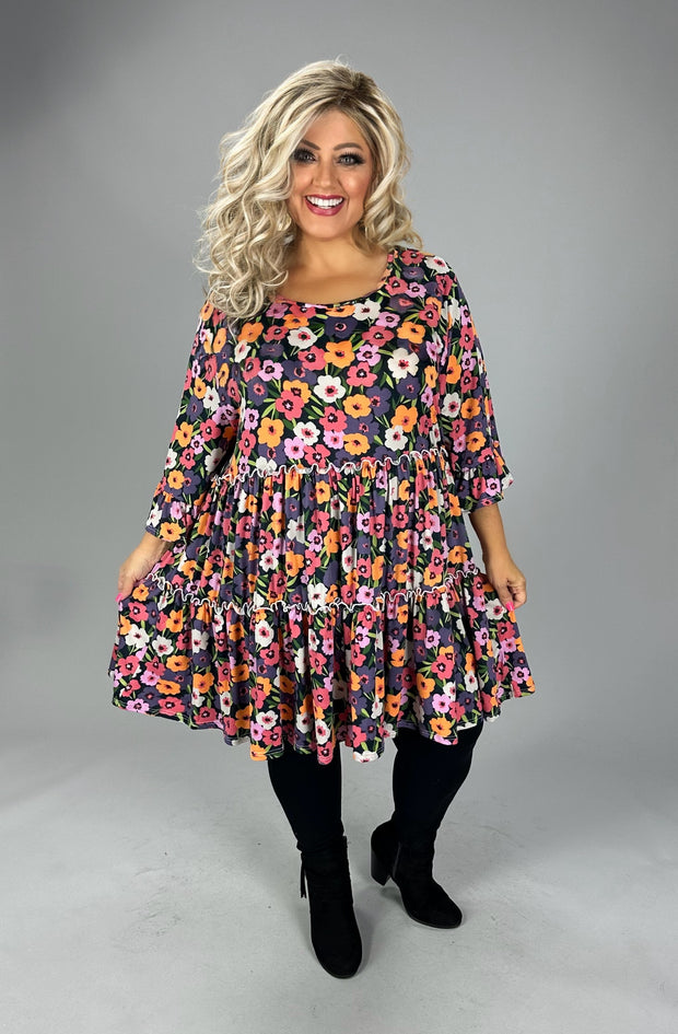 74 PSS {It Was Easy} Black/Purple/Orange Floral Tiered Dress EXTENDED PLUS 3X 4X 5X