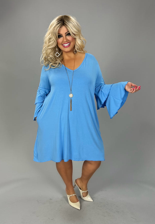 61 SQ {No Excuses} Spring Blue V-Neck Tiered Sleeve Dress PLUS SIZE 1X 2X 3X