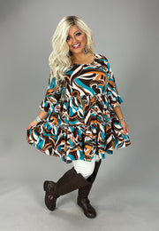 72 PSS {Covetable Charm} Brown/Blue Swirl  Print Tiered Dress EXTENDED PLUS SIZE 1X 2X 3X 4X 5X