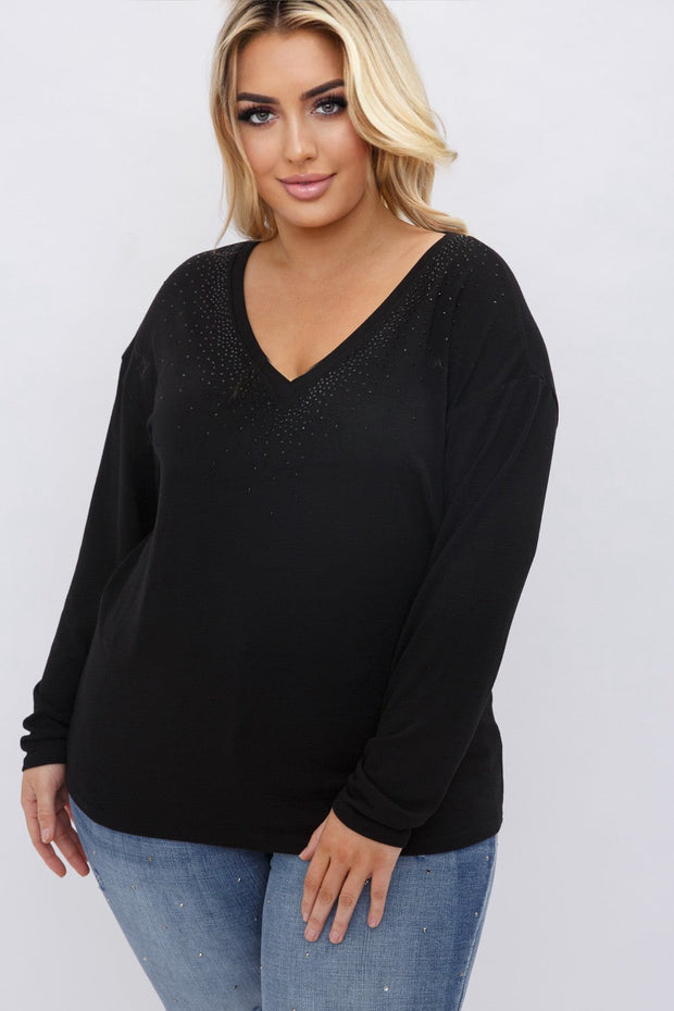 20 SD {Always Interested} VOCAL Black V-Neck Top w/Studs PLUS SIZE XL 2X 3X