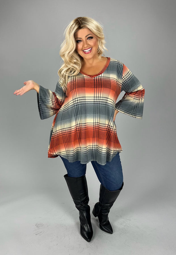 11 PQ {Something To Say} Coral/Grey Plaid V-Neck Top PLUS SIZE XL 2X 3X