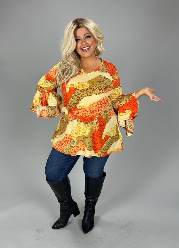 29 PQ {Spicy Lady} Taupe/Orange Print Top PLUS SIZE 1X 2X 3X