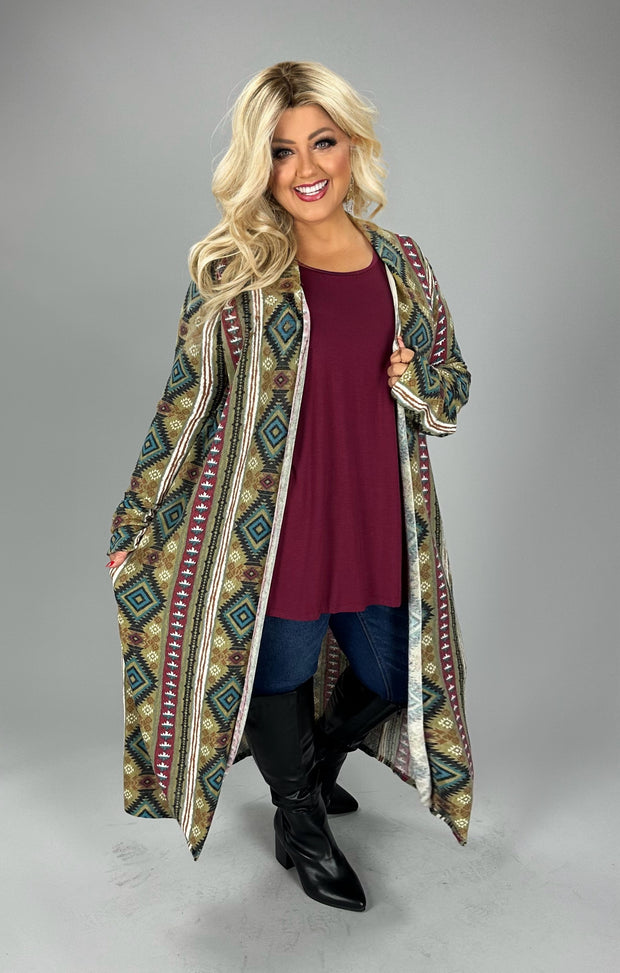 SALE!! LD-Q  {Tribal Vision} Taupe Tribal Print Duster w/Pockets PLUS SIZE 1X 2X 3X