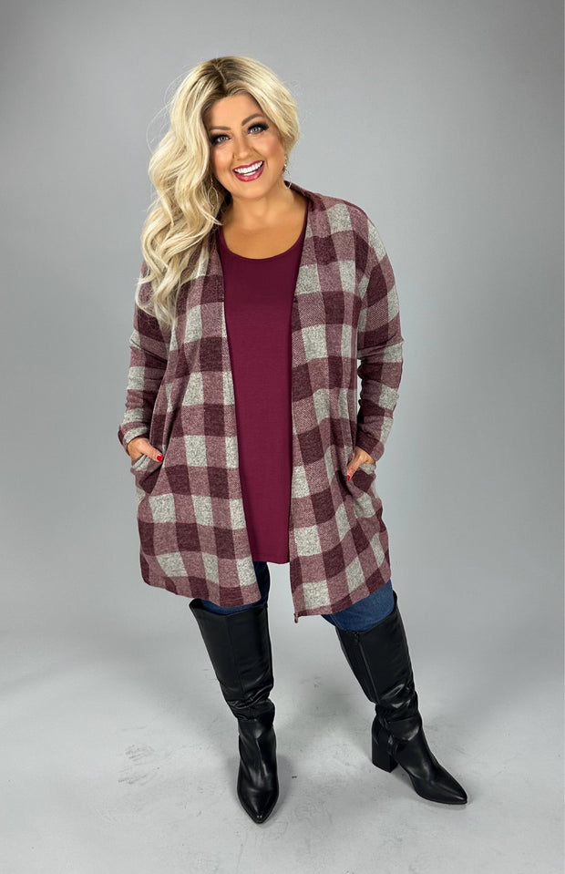 26 OT-D {Rush Hour Baby} Burgundy Plaid Cardigan W/Pockets PLUS SIZE 1X 2X 3X