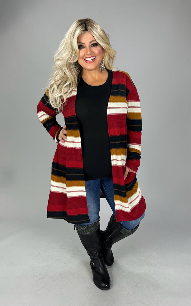 37 OT {Lost My Mind} Dark Red/Camel Striped Cardigan PLUS SIZE XL 2X 3X