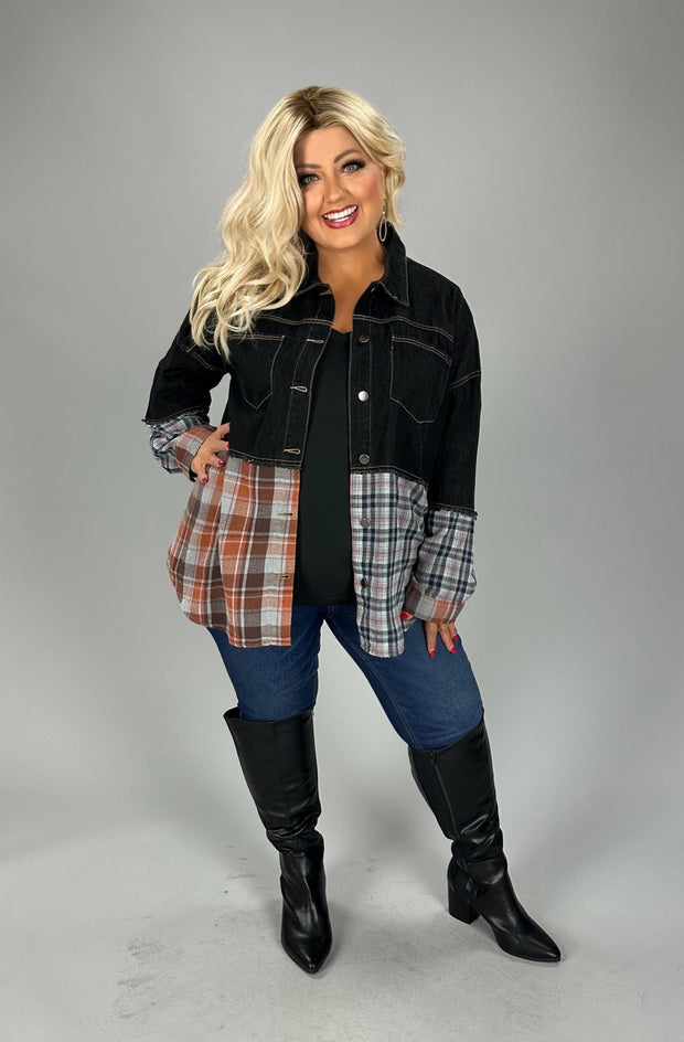 1-45 OT {Midnight Wish} Black Denim Plaid Print Jacket PLUS SIZE XL 2X 3X