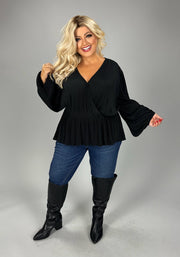 1-25 SLS {Dedicated To Art} Black Ribbed Peplum Top PLUS SIZE 3X