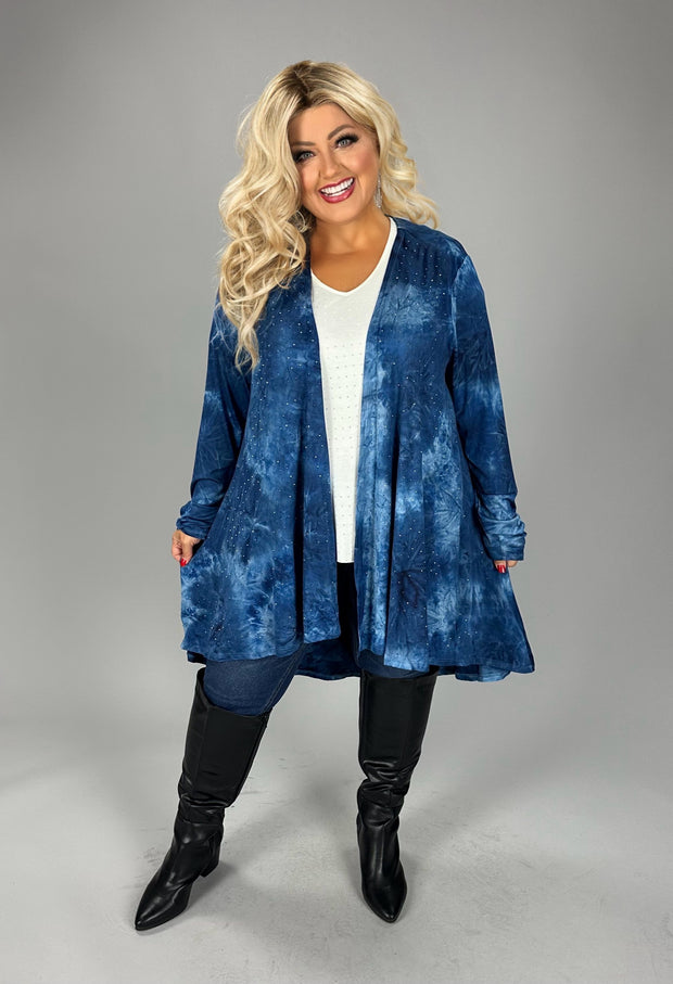 37 OT {See Me Clearly} VOCAL Navy Tie Dye Cardigan w/Studs PLUS SIZE XL 2X 3X