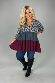 1-90 CP-A {Make Me Believe} Grey/Burgundy Leopard Tiered Top PLUS SIZE 1X 2X 3X