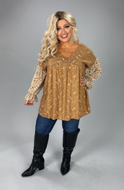 SALE!! 28 CP {Girl On The Go} Camel Paisley Print Top w/Floral Sleeves PLUS SIZE 1X 2X 3X