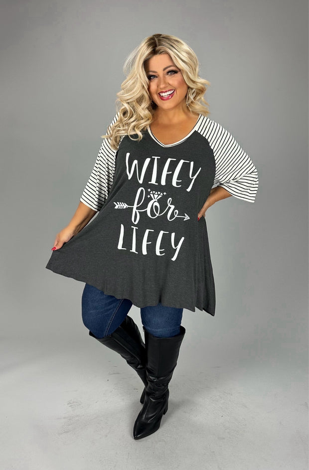 14 GT {Wifey For Lifey} Charcoal Striped Sleeve Graphic Tee CURVY BRAND!!!  EXTENDED PLUS SIZE XL 2X 3X 4X 5X 6X (May Size Down 1 Size)