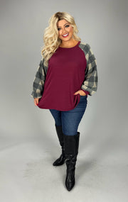 SALE!! 23 CP-J {It's A Mood} Wine Grey Plaid Contrast Top PLUS SIZE XL 2X 3X