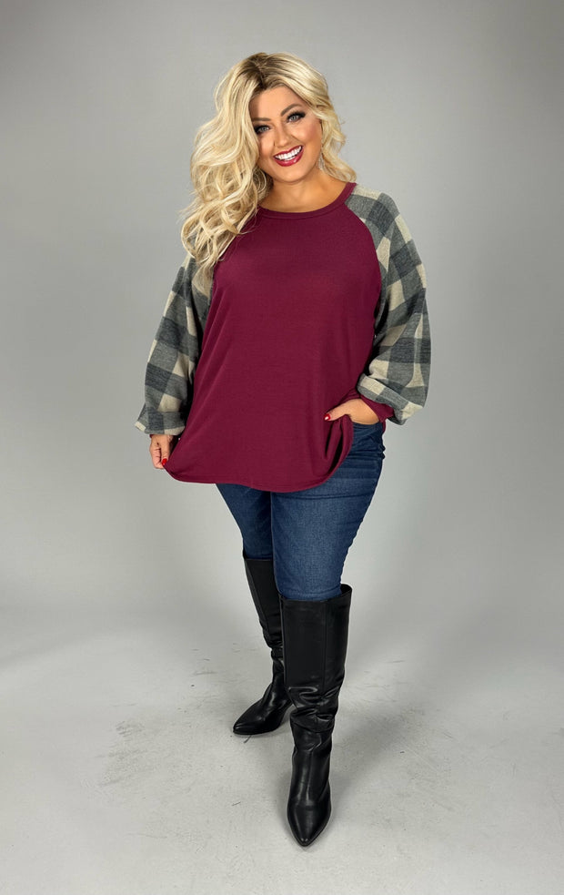 SALE!! 23 CP-J {It's A Mood} Wine Grey Plaid Contrast Top PLUS SIZE XL 2X 3X