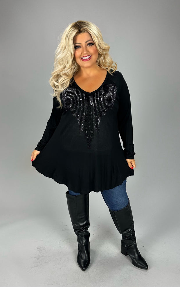 1-25 SD {Endless Sparkle} VOCAL Black V-Neck Top w/ Rhinestone Design PLUS SIZE XL 2X 3X