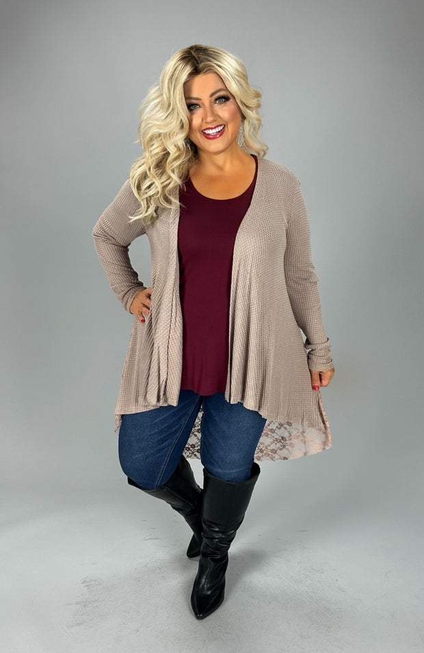 1-35 OT {Sweet Feels} VOCAL Mocha Waffle Knit Lace Cardigan PLUS SIZE XL 2X 3X