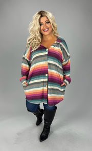 1-24 OT {Playing It Cozy} Teal/Taupe Stripe Buttoned Cardigan w Hood PLUS SIZE 1X 2X 3X